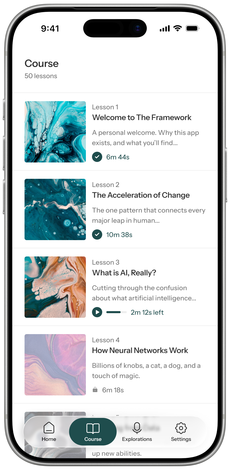 The Framework course screen in the mobile app