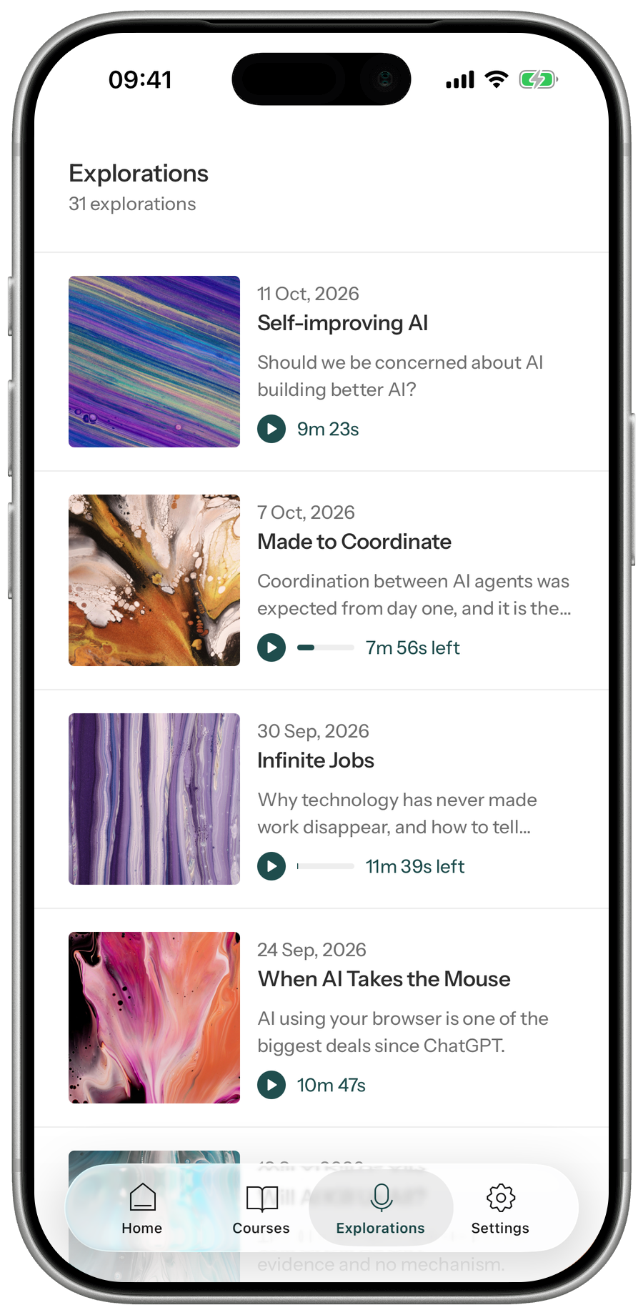 The Explorations tab, newest first