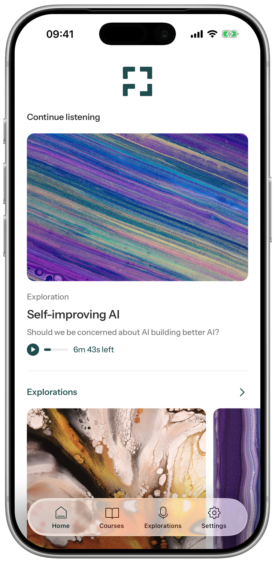 The Home tab with Continue listening and Explorations